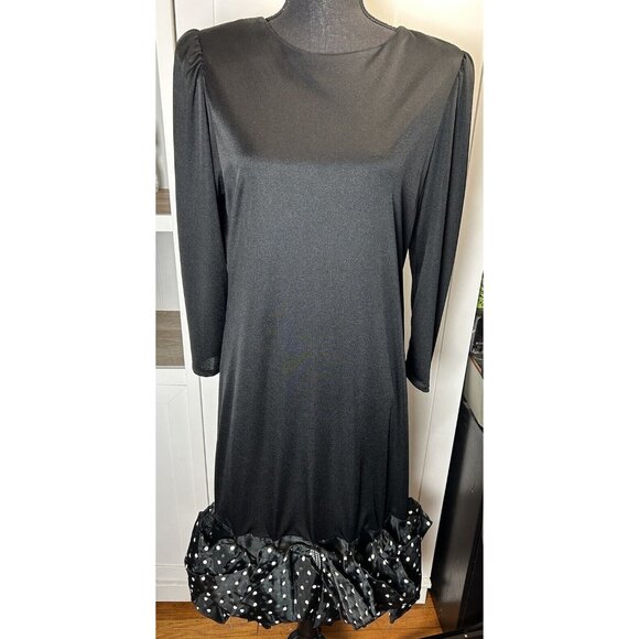 Vintage 80s Partridge in A Pear Tree Black Party Dress Sz L Polka Dot Ruffle Hem - Picture 1 of 11